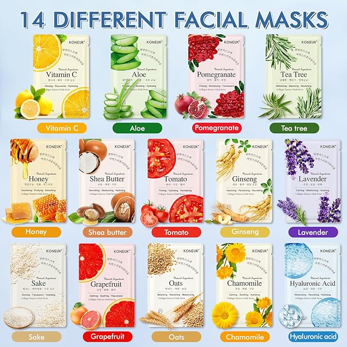 14 Pack Sheet Face Masks Skincare, Hydrating Face Masks Suitable for Dry Skin, Bulk Facial Mask Set for Women Skin Care, Face Mask Gifts Set for Face Spa - Bloomnest