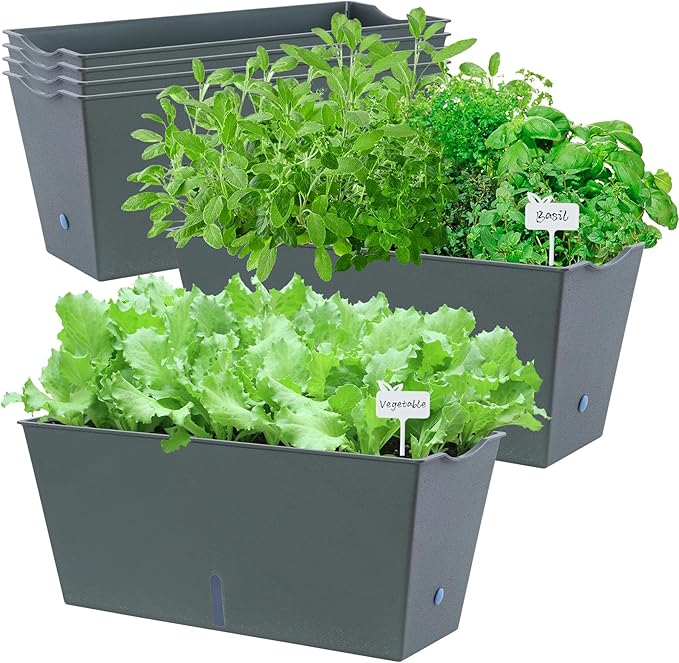 Window Box Planter 6 Pcs, 16.5 Inches Self Watering Rectangle Flower Plant Pots with Drainage Holes Trays, Vegetable Planters for Windowsill Patio Garden Balcony Porch Yard (Dark Green) - Bloomnest