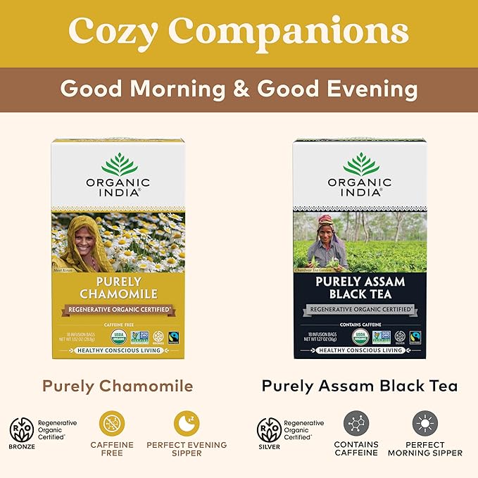 Organic India Purely Chamomile Tea - Regenerative Organic Chamomile Flowers, Caffeine Free, Calming & Relaxing Herbal Tea, Natural Support for Sleep & Relaxation - 18 Bags, Pack of 3 - Bloomnest