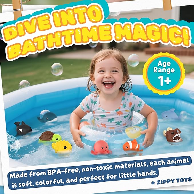 8 PCS Ocean Animal Bath Toys Mold Free Infant Bath Tub Toys for 12 Months - No Hole Bathtub Toys for Toddlers 1-3 Water Pool Toys for Baby Toddler Ages 1+ - Bloomnest