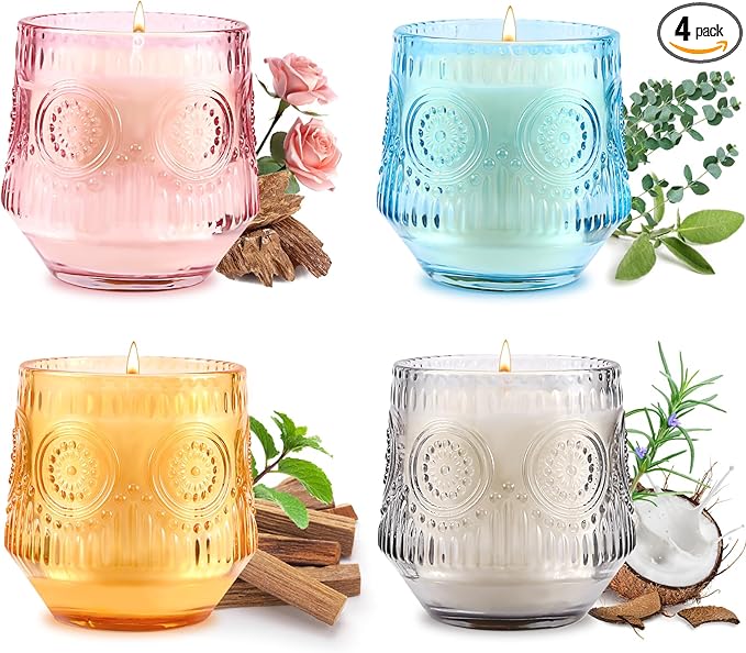 4 Pack Luxury Scented Candles Gift Set - 7oz Soy Wax Candles in Glass Jars, Gifts for Women - Vanilla Coconut, Eucalyptus Sage, Rose Oud, Sandalwood Patchouli - Bloomnest