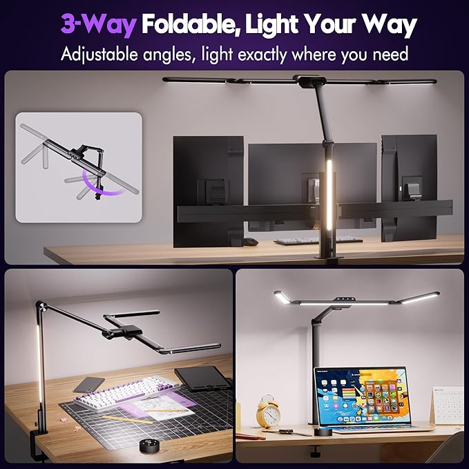 Quntis 32.5" Architect Desk Lamps for Office Home Dorm - Eye Care 3 Light Bar 1100LM Bright, Ambient Backlight, Radar Sensor, Remote Control, 2H Timer, Workbench Drafting Reading Video Conference Task - Bloomnest