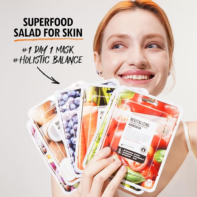 FARMSKIN Superfood Salad Sheet Mask Set of 6 | Korean Face Mask Sheets w/Mangosteen, Broccoli, Carrot, Coconut, Blueberry & Tomato | Refreshing, Nourishing & Cruelty-Free Face Mask Skincare Set - Bloomnest
