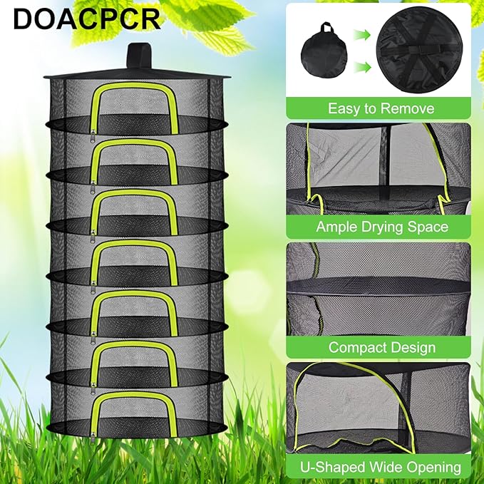 7 Layer Herb Drying Rack, Herb Drying Rack Hanging Mesh, Foldable Bud Drying Net with U-Shaped Zipper, Hooks, for Drying Herbs Plants, Flowers, Fruits, Food, Camping (7 Layers-23.62'') - Bloomnest