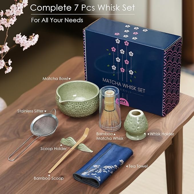 7Pcs Matcha Whisk Set, Ceramic Matcha Bowl with Spout, Bamboo Whisk and Holder,Bamboo Scoop,Scoop Rest,Sifter,Tea Towel, Matcha Kit with Cherry Blossom Carved Patterns for Matcha Lovers (Sakura Green) - Bloomnest