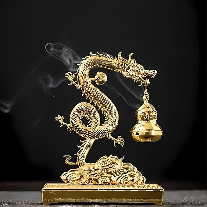 Golden Chinese Dragon Incense Holder– Dual-Use Metal Feng Shui Decor with Hanging Gourd Cone Incense Burner & Hidden Stick Holder – Spiritual Aromatherapy Gift for Meditation, Home & Office Decoration - Bloomnest