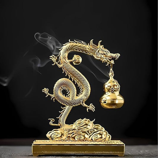 Golden Chinese Dragon Incense Holder– Dual-Use Metal Feng Shui Decor with Hanging Gourd Cone Incense Burner & Hidden Stick Holder – Spiritual Aromatherapy Gift for Meditation, Home & Office Decoration - Bloomnest