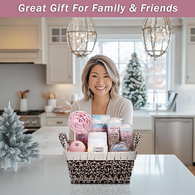 Spa Baskets For Women - Luxury Bath Set With Lilac & Rose Oil - Spa Kit Includes Wash, Bubble Bath, Lotion, Bath Salts, Body Scrub, Hand Cream, Shower Puff, Bathbombs, Soap and Towel - Bloomnest