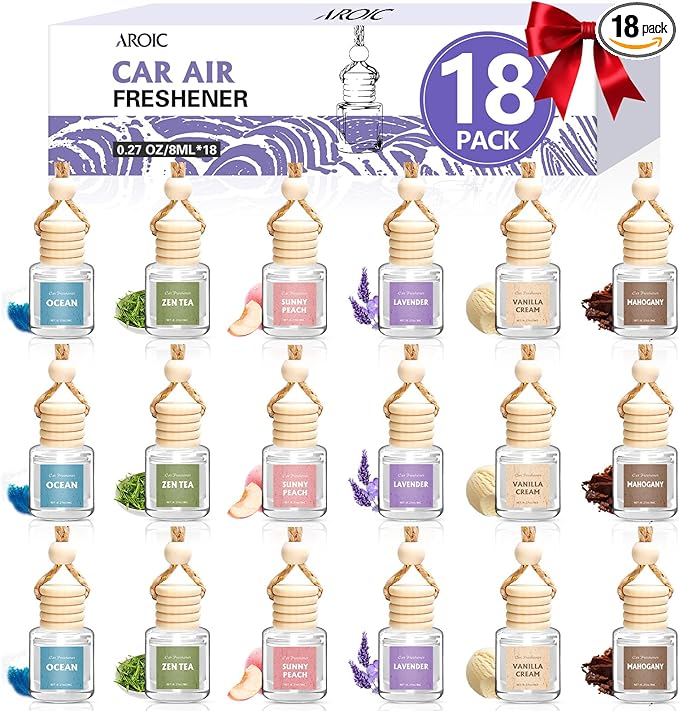 AROIC Car Air Freshener, 18 Pack Long Lasting Hanging Car Air Freshener Diffuser Set for Women & Men, 6 Scents Essential Oil Vehicle Aroma Fragrance Valentines Day Gift (8ml Each) - Bloomnest