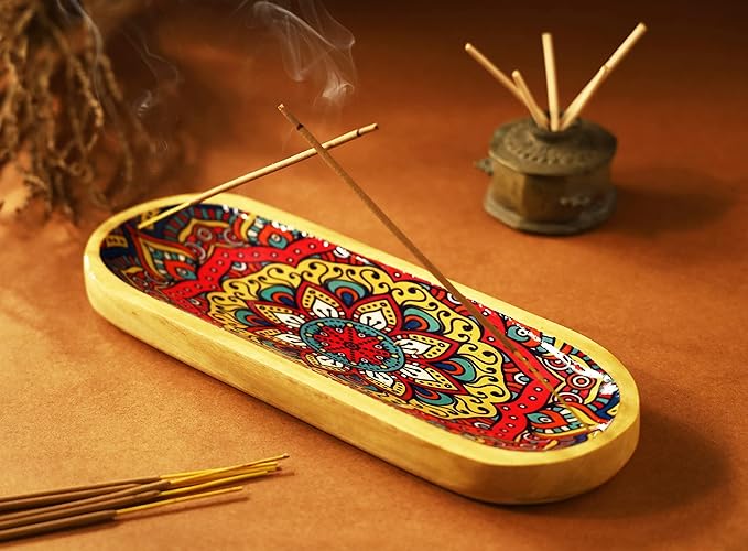 Bless-International Traditional-Handmade-Tray-Burner Wooden-Trat-Incense-Stick-Holder Ash-Catcher-Stand for-Aromatherapy-Meditation-Yoga (Mandala, 11x4x1.22 Inches) - Bloomnest