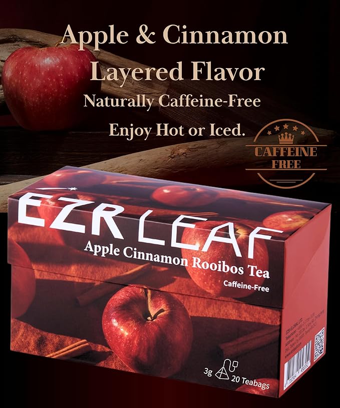 EZR Leaf Apple Cinnamon Rooibos Tea Caffeine Free Decaf Herbal Tea, 20 counts 2.1 Once Pyramid Tea Bags, Naturally Sweet, Relaxing Sleep Blend - Bloomnest