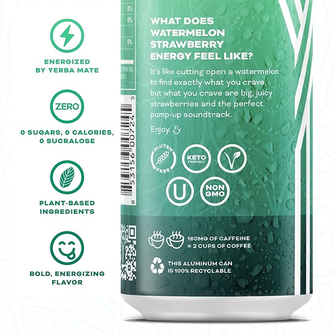 Yerbaé Watermelon Strawberry Functional Energy Drink - 0 Sugar, 0 Calories, 0 Carbs. Yerbae is Energized by Yerba Mate, Plant-Based, Healthy Alternative to Sugary Energy Drinks, 16oz cans (12 Pack) - Bloomnest