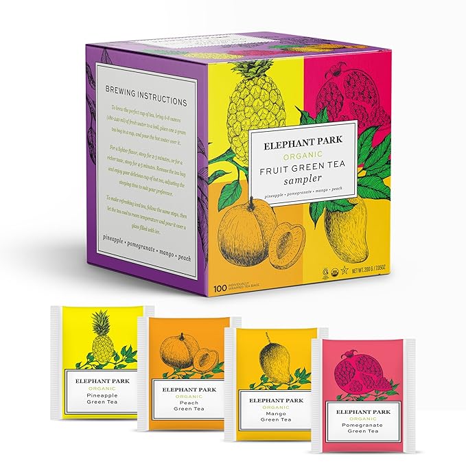 Premium Organic Fruit Green Tea Sampler, 100 Count Assorted Tea Bags, Caffeinated & Herbal Variety Pack Pineapple, Pomegranate, Mango, Peach Flavors - Bloomnest
