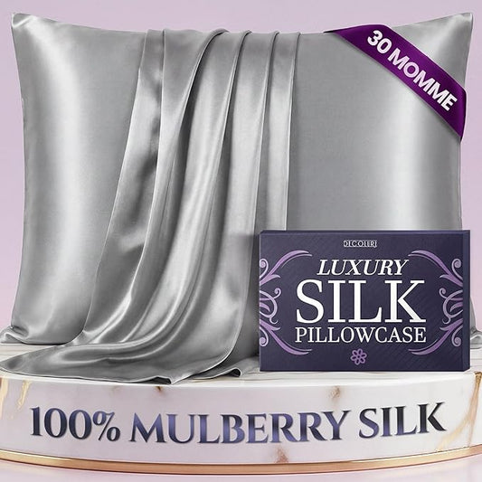 DECOLURE 100% Pure Mulberry Silk Pillow Case Queen Size – Highest Grade 30 Momme 6A+, Luxuriously Soft & Cooling Silk Pillowcase for Hair & Skin, Hypoallergenic, Breathable, Hidden Zipper (Silver) - Bloomnest