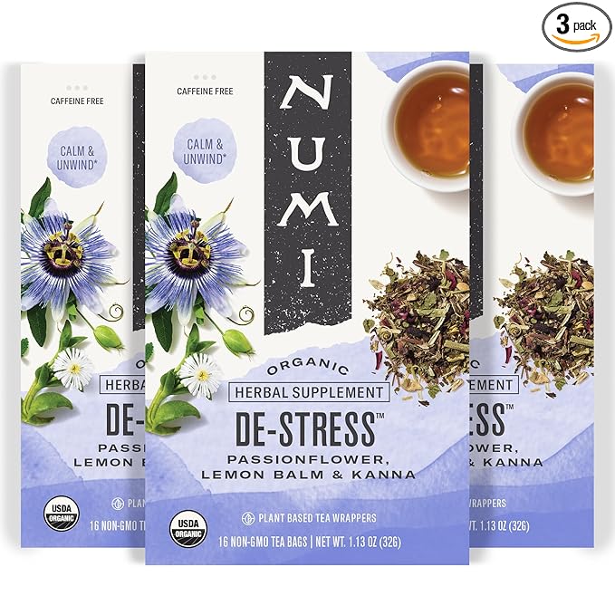 Numi Organic De Stress Herbal Tea – 48 Herbal Tea Bags – Caffeine Free Blend with Spearmint Passionflower Lemon Verbena Lemon Balm Hibiscus & Licorice for Relaxation & Calm - Bloomnest
