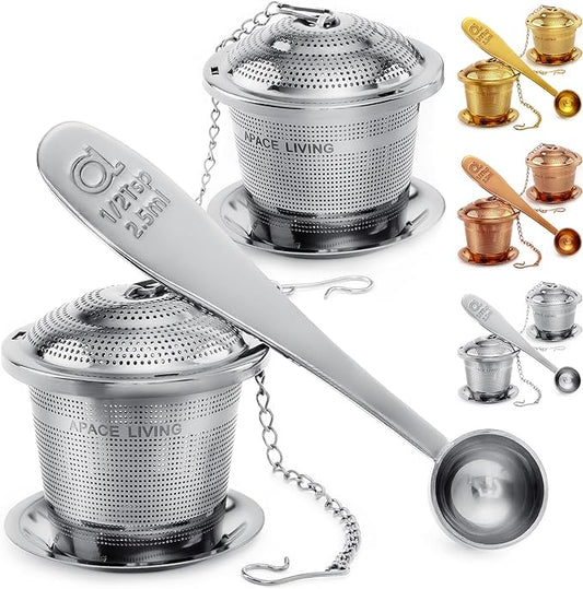 Tea Infuser (Set of 2) with Tea Scoop and Drip Dray - Ultra Fine Tea Strainer for Loose Leaf Tea - Stainless Steel Tea Steeper for a Superior Brewing Experience - Bloomnest