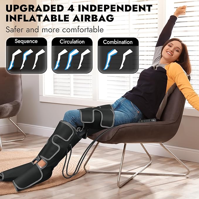 SHINE WELL Leg Massager with Heat and Compression for Circulation, 3 Heat 3 Modes 3 Intensities for Pain Relief and Swelling, Foot and Leg Compression Massager - Bloomnest