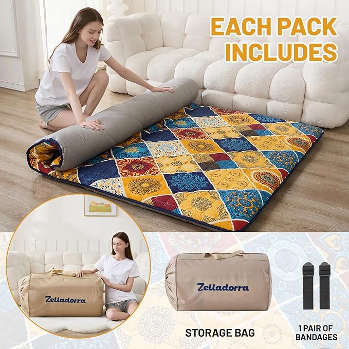 Japanese Floor Mattress Twin, Anti-Slip Japanese Futon Foldable Tatami Mat for Guests, Boho Orange Checkered - Bloomnest