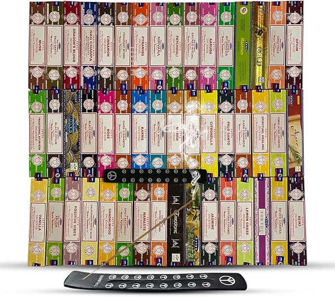 Satya Incense Sticks Variety Pack of 12 Randomly Selected Fragrances and Incense Stick Holder Bundle Total 180 Sticks TRUMIRI