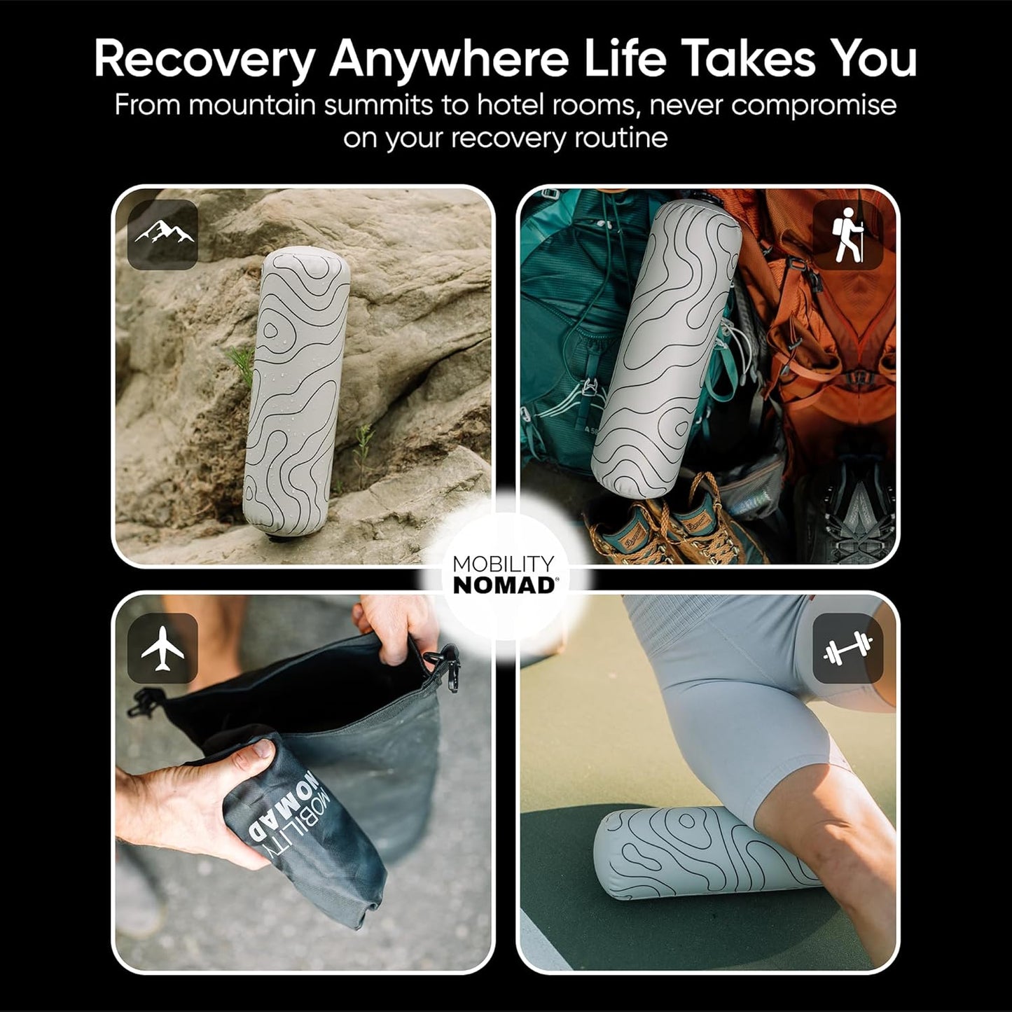 Inflatable Foam Roller – Travel Muscle Recovery Tool, Deep Tissue Massage, Physical Therapy, Hiking & Gym – Adjustable Firmness – Includes Pump, Bag & Adapters (Topo Gray, 15")