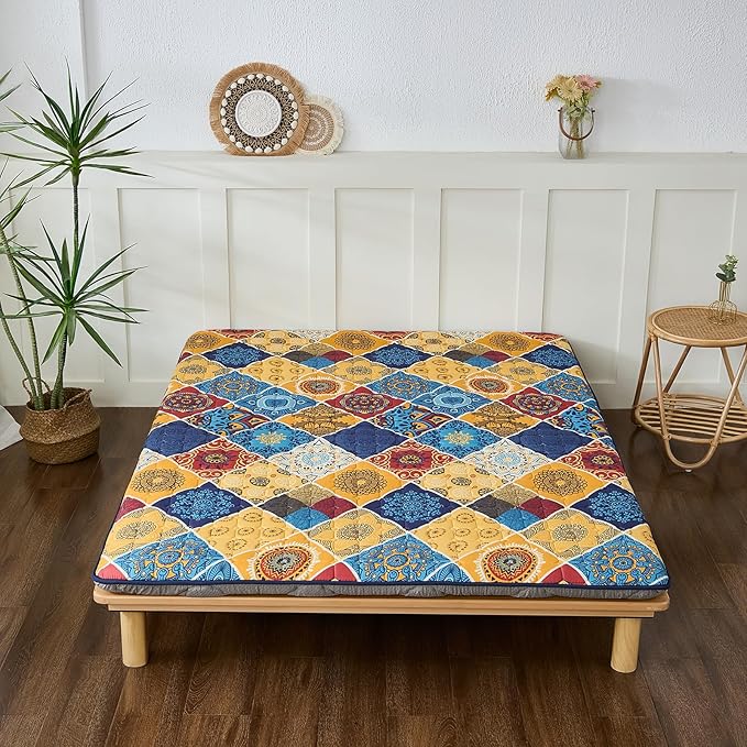 Japanese Floor Mattress Twin, Anti-Slip Japanese Futon Foldable Tatami Mat for Guests, Boho Orange Checkered - Bloomnest