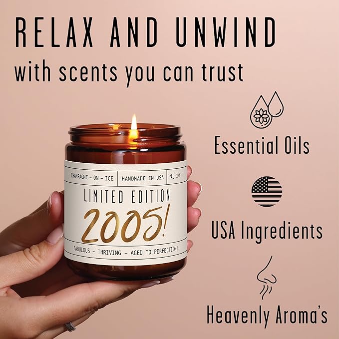 20th Birthday Gifts for Women - 'Limited Edition 2005' Soy Candle, w/Champagne on Ice I 20 Birthday Gifts for Women I 20th Gift for Her Ideas I 9oz Reusable Jar, 50Hr Burn, Made in USA - Bloomnest