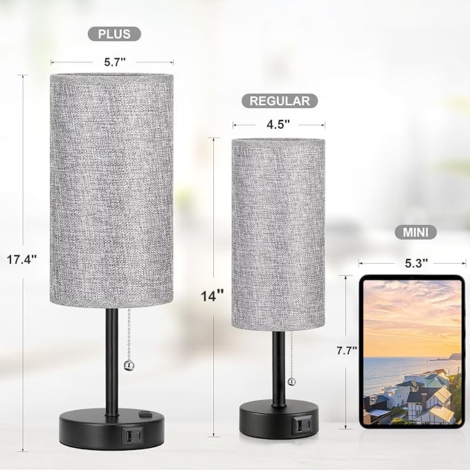 17.4Inches Grey Bedside Lamp for Bedroom Nightstand - Tall Table Lamp with USB A + C Charging Port & AC Outlet, 3 Color Temperatures Pull Chain Light, Side Table Desk Reading Lamp for Living Room - Bloomnest