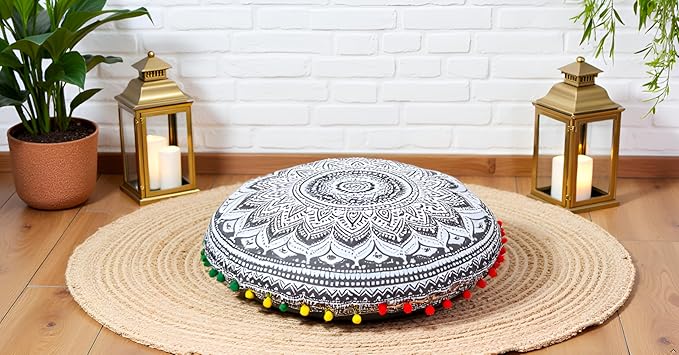 CRAFT KALA Large Round Bohemian Floor Pillow Pouf Cover Mandala Meditation Room Pillow Cover for Adults Boho Seating Poufs Cushion Cover for Kids Playroom 32" Round Grey Ombre - Bloomnest