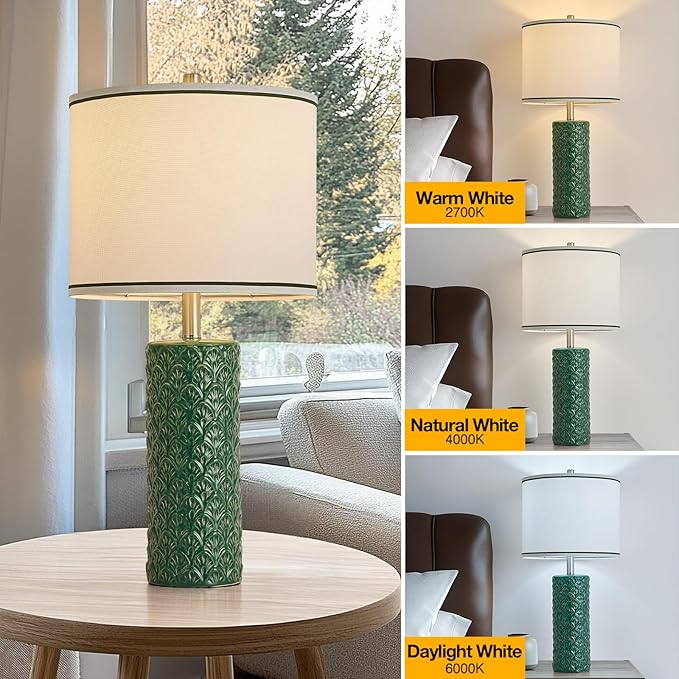 27" Farmhouse Bedside Table Lamp Set of 2, Green Modern Ceramic Lamps for Living Room, 3 Color Temperature Rustic Table Lamps for Bedroom, Night Stands, Dorm,Office, Home Décor (Bulb Included) - Bloomnest