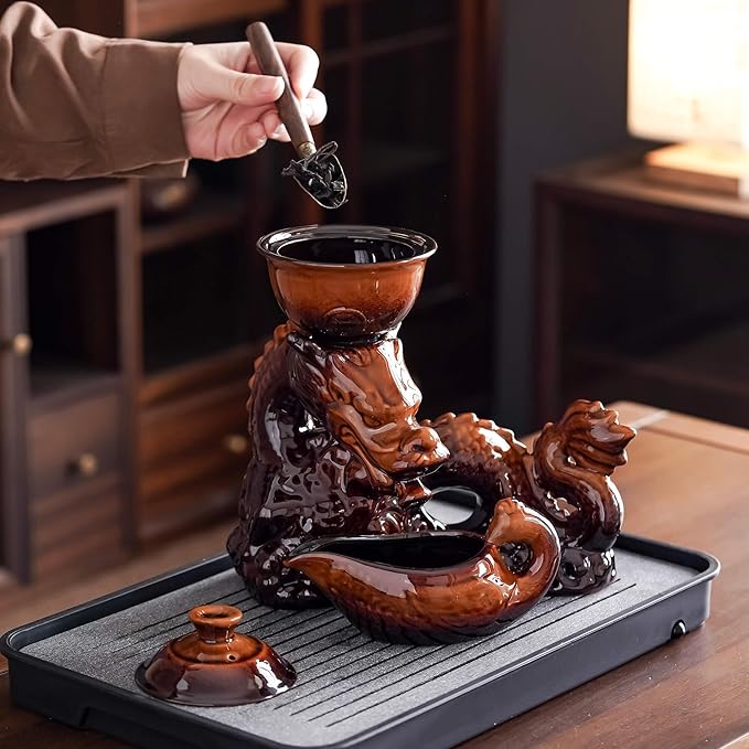 Ceramic Teapot with Infuser Semi Automatic Tea Set Magic Teapot with 8 cups Gradient Color (Yellow Dragon- C) - Bloomnest
