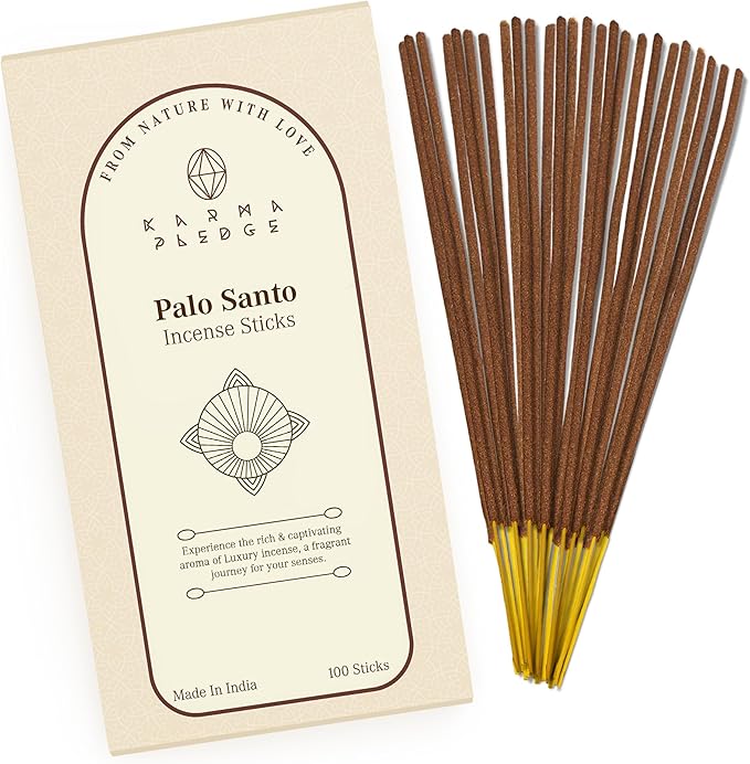 Palo Santo Incense Sticks, Organic Hand Dipped 100 Sticks with Natural Herbs & Aromatic Ingredients, Burn Time 45 to 60 Minutes, Incense for Positivity, Yoga, Meditation, Relaxation, Spiritual Gift KARMAPLEDGE