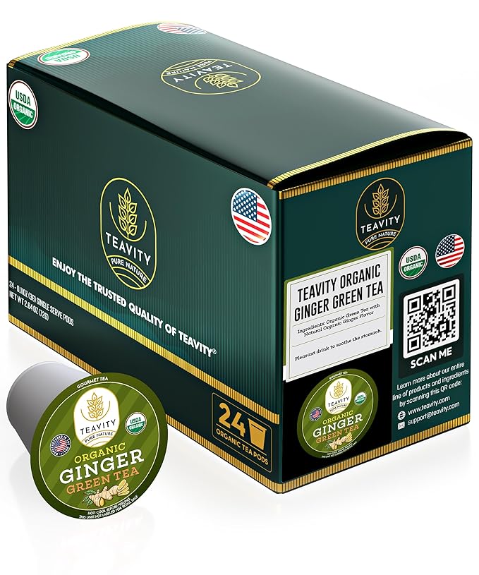 Green Tea & Ginger Tea Pods for Keurig - Caffeinated, Organic, Dye Free, Unsweetened, Herbal Blend for K Cup Machines - Hot or Iced (24 Tea Pods) - Bloomnest