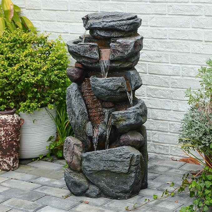 The 5-Tiered Rock Water Fountain Outdoor&Indoor, 31.5’’H Floor-Standing Garden Fountains, Stone Feature and Waterfall with Lights for Patio, Backyard, Deck, Porch, Home DéCor, Gray - Bloomnest