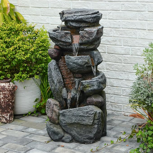 The 5-Tiered Rock Water Fountain Outdoor&Indoor, 31.5’’H Floor-Standing Garden Fountains, Stone Feature and Waterfall with Lights for Patio, Backyard, Deck, Porch, Home DéCor, Gray - Bloomnest