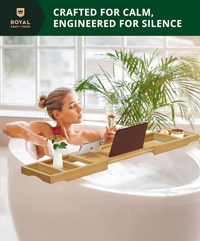 ROYAL CRAFT WOOD Bathtub Tray Caddy for Tub, Bamboo Bath Shelf, Premium Foldable Wood Bath Table, Expandable Bathtub & Bathroom Accessories, New Home Gifts for Mom, Housewarming, Anniversary, Wedding - Bloomnest