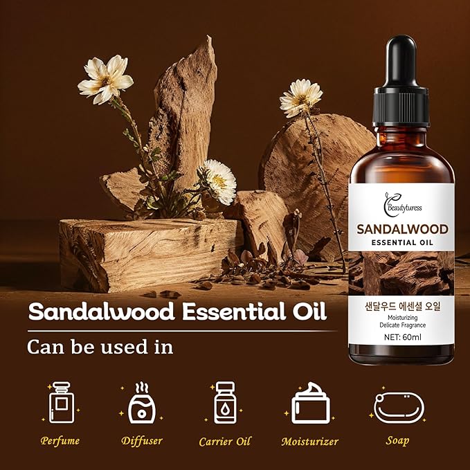 Sandalwood Essential Oil – Natural Premium Grade Aromatherapy Oil, Skin Care – Undiluted Therapeutic Oil with Dropper, 60ml Amber Glass Bottle OKADY