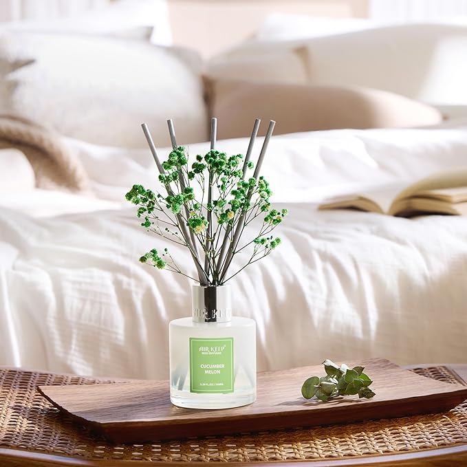 Airkeep Reed Diffuser Set,3.38 fl oz (100 ml) - Cucumber Melon Oil Diffusers with 8 Reed Sticks, Home Fragrance Reed Diffuser for Bathroom Shelf Decor - Bloomnest