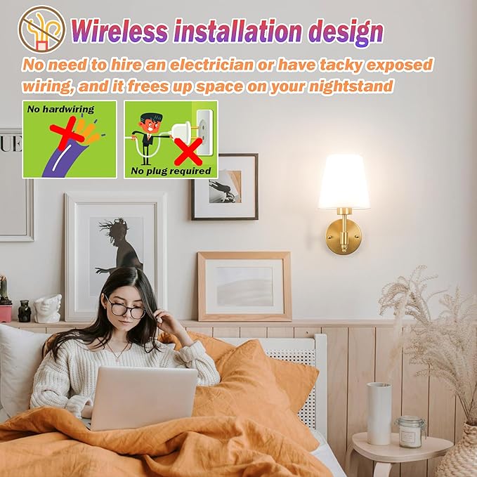 Battery Operated Wall Sconces Set of Two, Wireless Battery Wall Light with 10000mAh RGB Dimmable Magnetic Bulb and Remote, Rechargeable Sconce Wall Decor for Bedroom Living Room Hallway - Bloomnest