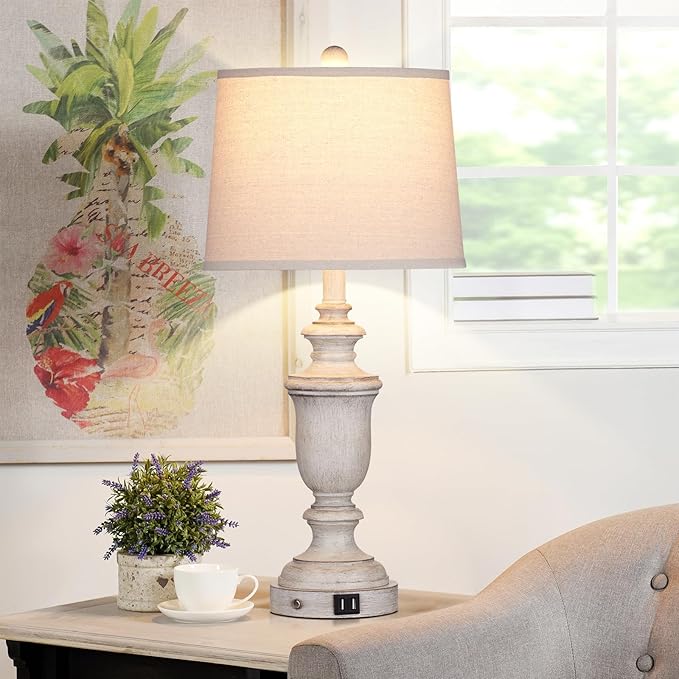 Farmhouse Table Lamps Set of 2 with USB Charging Port for Rustic Living Room Retro Bedroom,3-Way Dimmable Touch Lamp Resin Bedside Lamps for Nightstand Side End Table,Color 2 - Bloomnest