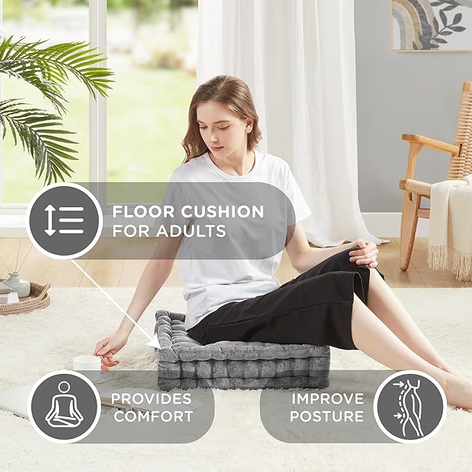 Codi INNA Floor Pillow, Cute Cushions Sitting for Adults - Square Tufted Chenille Pillows Seat for Meditation, Living Room, Reading Nook, Charcoal - Bloomnest