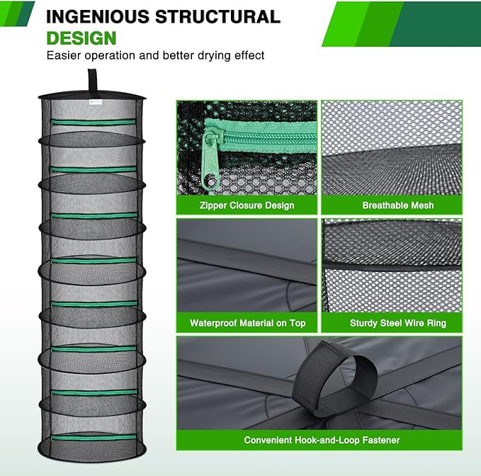 Yesker 8 Layer Herb Drying Rack Hanging Mesh Net Foldable Plant Drying Racks 24" Diameter with Green Zipper & Hook Dryer Hanging Rack for Herbs Seed Bud Fruit Clothes Grow Tent Closets Garden Outdoor - Bloomnest