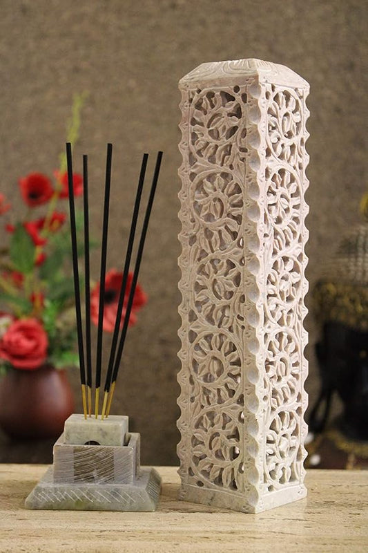 Carry Me Handmade Marble Soapstone Incense Stick Burner | Candle Stick Holder | Tea Light Stand - Perfect Incense Tower for Gifting. Decorative Home and Kitchen Decor (3 x 3 x 11 Inches) - Bloomnest