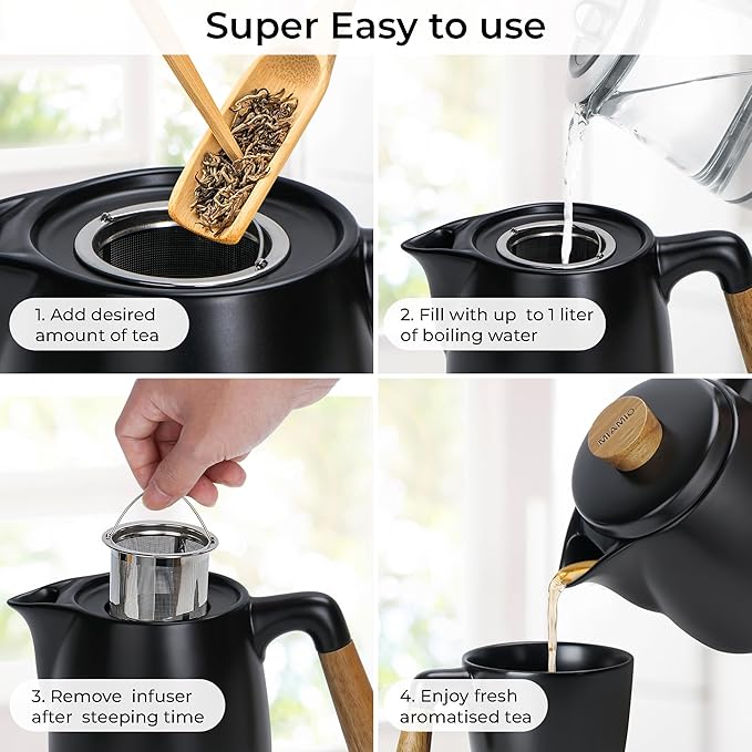 MIAMIO - Teapot Set with Warmer / 34 oz Tea Kettle with Infuser for Steeping Loose Tea Leaves - Gift for Women/Tea Lovers (Black) - Bloomnest