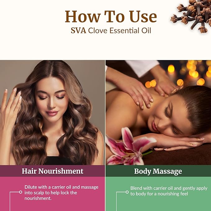 SVA Clove Essential Oil Organic – 4 Fl Oz – 100% Natural Organic Clove Oil - for Diffuser, Hair Care, Face, Skin Care, Aromatherapy, Scalp and Body Massage, Soap and Candle Making - with Dropper - Bloomnest