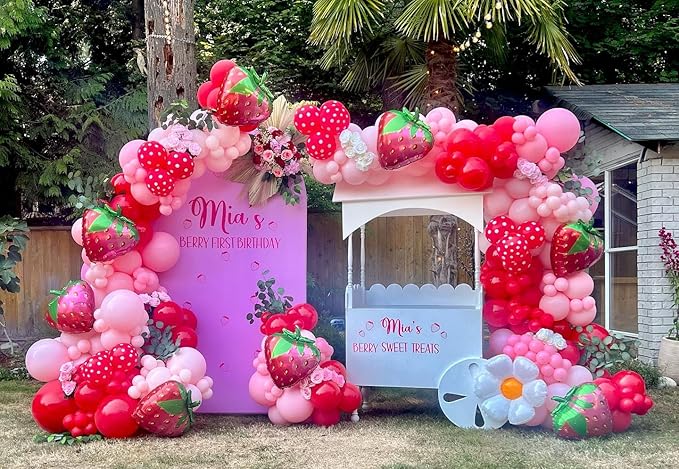 Strawberry Balloon Arch, Red and Pink Green Balloons with Strawberry Balloons Garland Arch Kit for Sweet Girl Berry First Themed Baby Shower Valentine's Day Birthday Party Decorations Set - Bloomnest