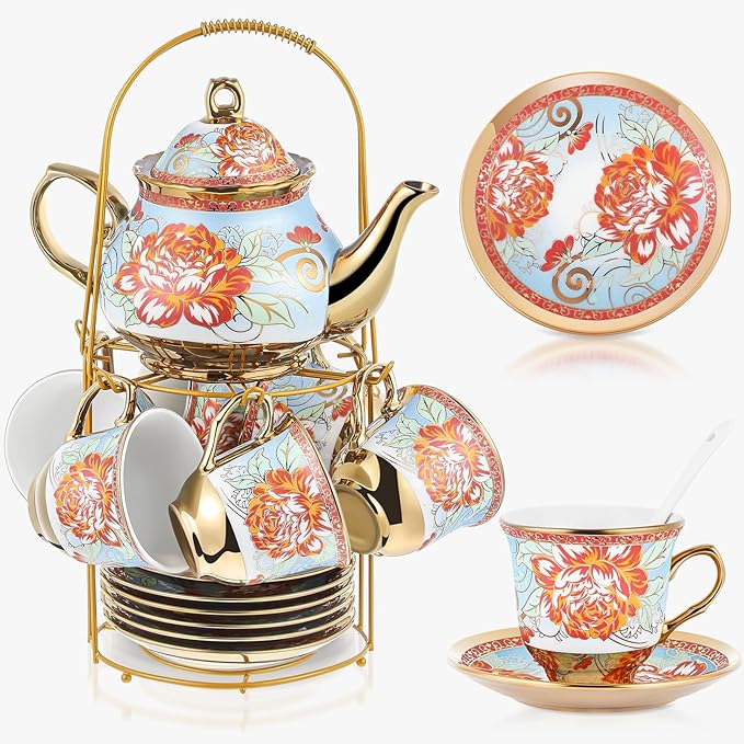Zhehao 20 Pcs Porcelain Tea Set with Metal Holder and Spoon Adult Ceramic Tea Set European Flower Painting Teapot Cup Saucer Spoon for Women, Large Version(Retro Style) - Bloomnest