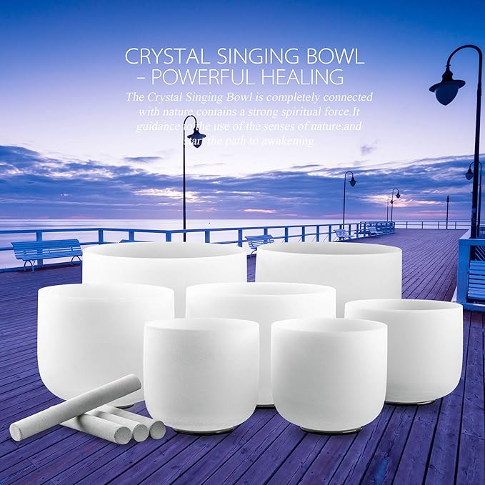 RYAN DVAN 432 hz 7-12 Inch Set of 7 Chakra Symbol Design Frosted Quartz Crystal Singing Bowl Set with Free 2 pcs Carrying Case - Bloomnest