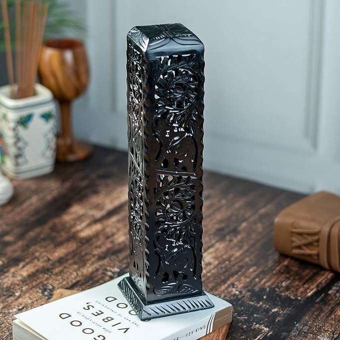 Crocon Black Marble Soapstone Incense Stick Burner Square Shape Leaf & Half Wheel Carving Tower Burner | Tea Light Candle Holder | Decorative Home & Kitchen Size - LxWxH 3X3X11 Inch
