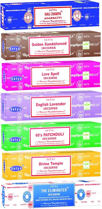 Satya Incense Sticks Gift Set, 7, Scents Nag Champa, 60s Patchouli, The Eliminater, Divine Temple, Love Spell, Golden Sandalwood, English Lavender, 15 g Each (Oriental Mix) Satya