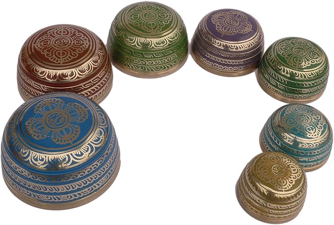Khusi Tibetan Singing Bowl Set of 7, Handmade, 7 Colors, Chakra Healing, Relaxation, Stress Relief, Comes with Silk Cushions, 4 Sticks and Brocade Box Khusi+Inc